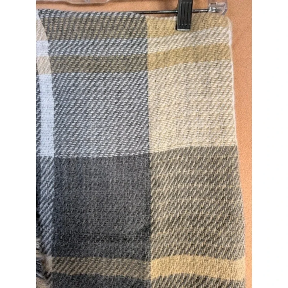 Reversible Plaid Houndstooth Blanket Scarf Gray Tan Oversized Wrap 31x75